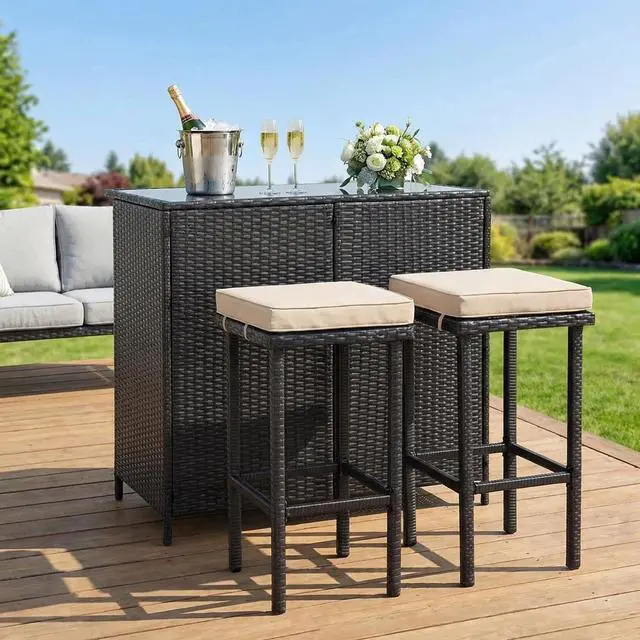 Alt view image 2 of 6 - 3-Piece Wicker Patio Outdoor Bar Set, 2 Stools and 1 Glass Top Table, Bistro Set, Brown Furniture for Deck, Lawn, Backyard