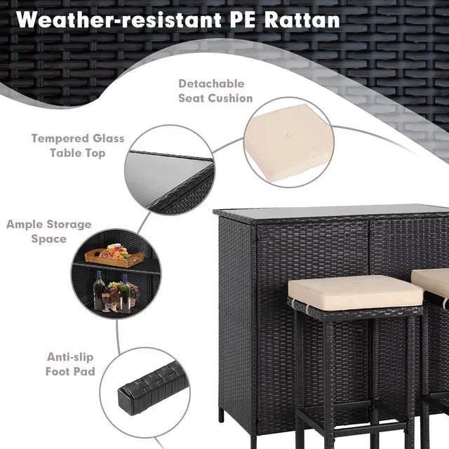 Alt view image 3 of 6 - 3-Piece Wicker Patio Outdoor Bar Set, 2 Stools and 1 Glass Top Table, Bistro Set, Brown Furniture for Deck, Lawn, Backyard