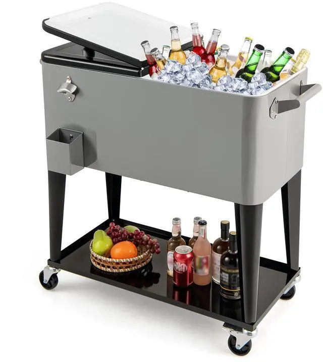 Main image of 80 Quart Rolling Patio Cooler Cart with Bottom Storage Shelf & Drain, Outdoor Ice Chest with Lockable Wheels, Bottle Opener & Cap Catcher, for Party Poolside Backyard BBQ