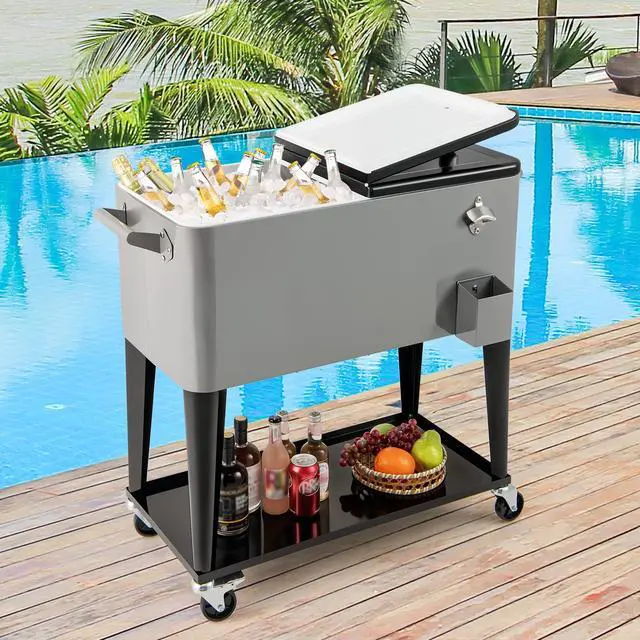 Alt view image 2 of 6 - 80 Quart Rolling Patio Cooler Cart with Bottom Storage Shelf & Drain, Outdoor Ice Chest with Lockable Wheels, Bottle Opener & Cap Catcher, for Party Poolside Backyard BBQ