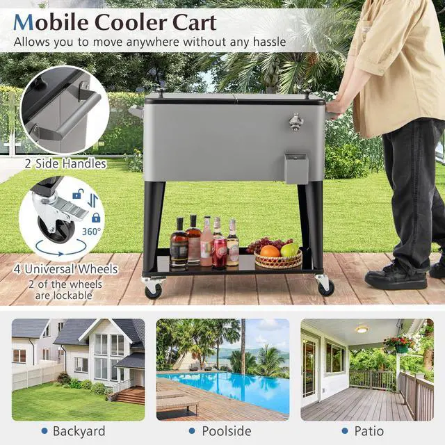 Alt view image 4 of 6 - 80 Quart Rolling Patio Cooler Cart with Bottom Storage Shelf & Drain, Outdoor Ice Chest with Lockable Wheels, Bottle Opener & Cap Catcher, for Party Poolside Backyard BBQ