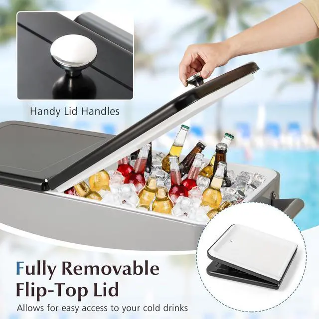 Alt view image 5 of 6 - 80 Quart Rolling Patio Cooler Cart with Bottom Storage Shelf & Drain, Outdoor Ice Chest with Lockable Wheels, Bottle Opener & Cap Catcher, for Party Poolside Backyard BBQ