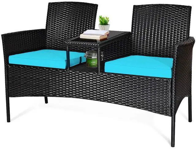 Main image of Wicker Patio Conversation Furniture Set, Outdoor Furniture Set with Removable Cushions & Table, Tempered Glass Top, Modern Rattan Bench for Garden Lawn Backyard