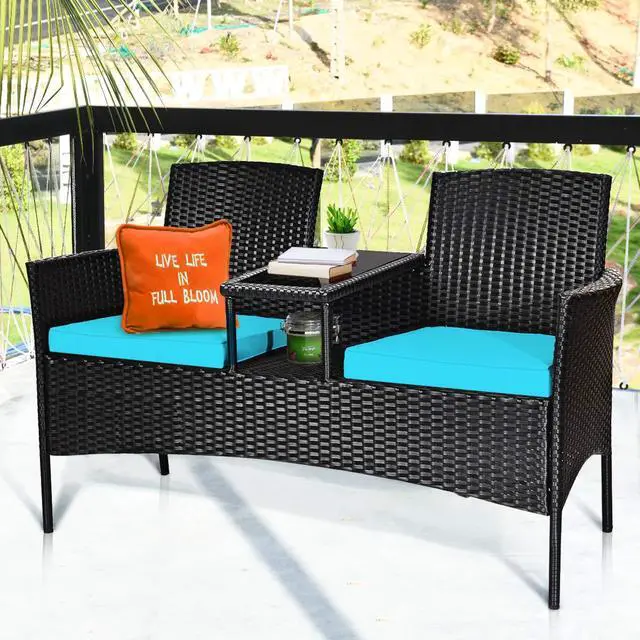 Alt view image 2 of 6 - Wicker Patio Conversation Furniture Set, Outdoor Furniture Set with Removable Cushions & Table, Tempered Glass Top, Modern Rattan Bench for Garden Lawn Backyard