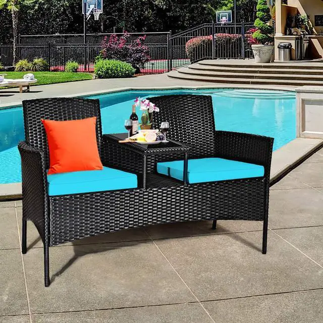 Alt view image 3 of 6 - Wicker Patio Conversation Furniture Set, Outdoor Furniture Set with Removable Cushions & Table, Tempered Glass Top, Modern Rattan Bench for Garden Lawn Backyard
