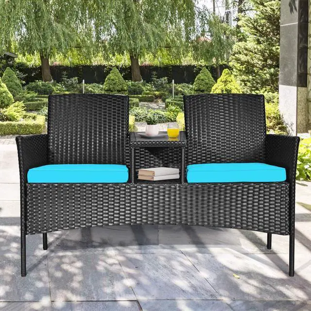 Alt view image 4 of 6 - Wicker Patio Conversation Furniture Set, Outdoor Furniture Set with Removable Cushions & Table, Tempered Glass Top, Modern Rattan Bench for Garden Lawn Backyard