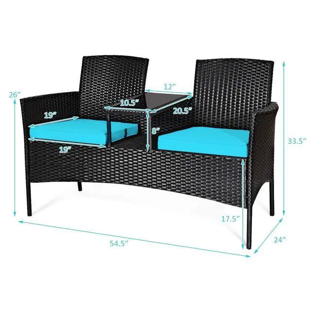 Alt view image 5 of 6 - Wicker Patio Conversation Furniture Set, Outdoor Furniture Set with Removable Cushions & Table, Tempered Glass Top, Modern Rattan Bench for Garden Lawn Backyard