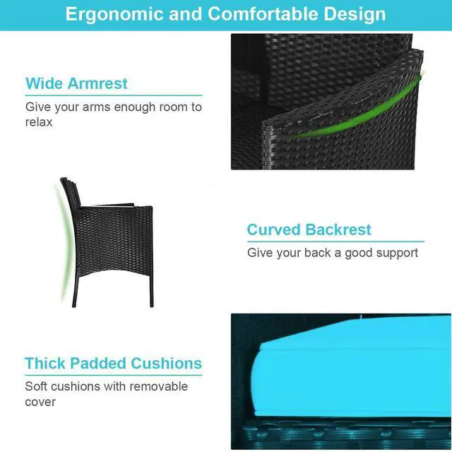 Alt view image 6 of 6 - Wicker Patio Conversation Furniture Set, Outdoor Furniture Set with Removable Cushions & Table, Tempered Glass Top, Modern Rattan Bench for Garden Lawn Backyard