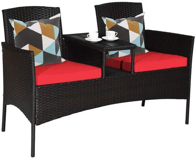 Main image of Outdoor Rattan Loveseat, Patio Conversation Set with Cushions & Table, Modern Patented Wicker Sofa Set with Built-in Coffee Table, Rattan Sofas for Garden Lawn Backyard