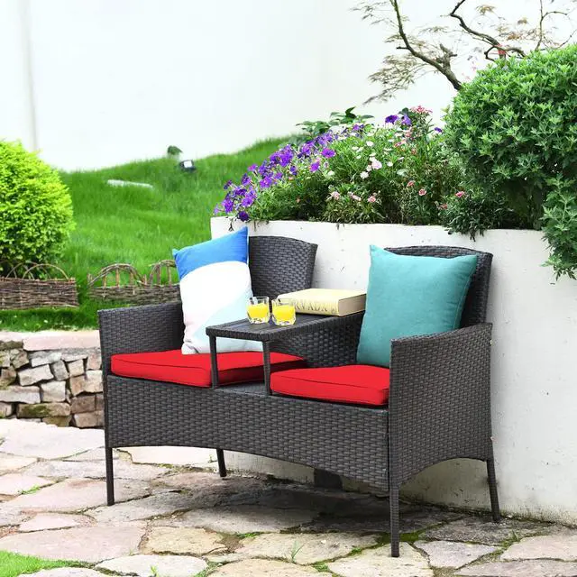 Alt view image 2 of 6 - Outdoor Rattan Loveseat, Patio Conversation Set with Cushions & Table, Modern Patented Wicker Sofa Set with Built-in Coffee Table, Rattan Sofas for Garden Lawn Backyard