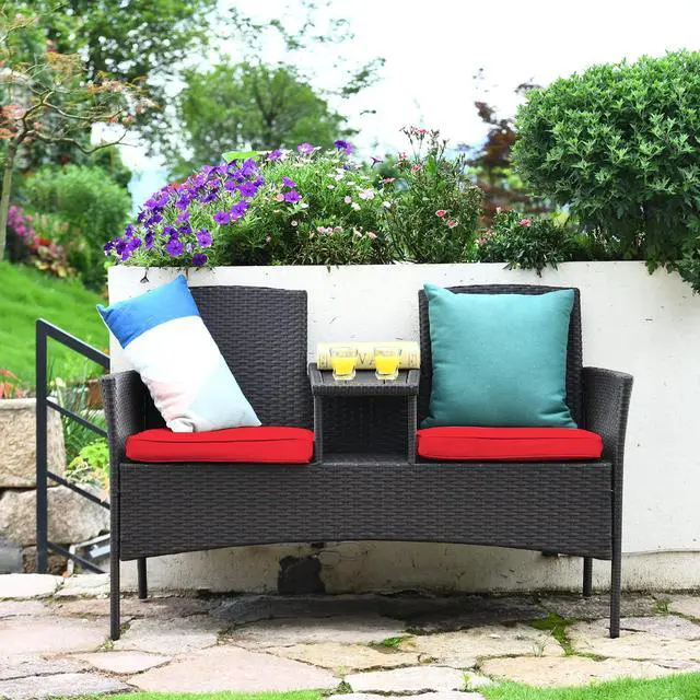 Alt view image 3 of 6 - Outdoor Rattan Loveseat, Patio Conversation Set with Cushions & Table, Modern Patented Wicker Sofa Set with Built-in Coffee Table, Rattan Sofas for Garden Lawn Backyard