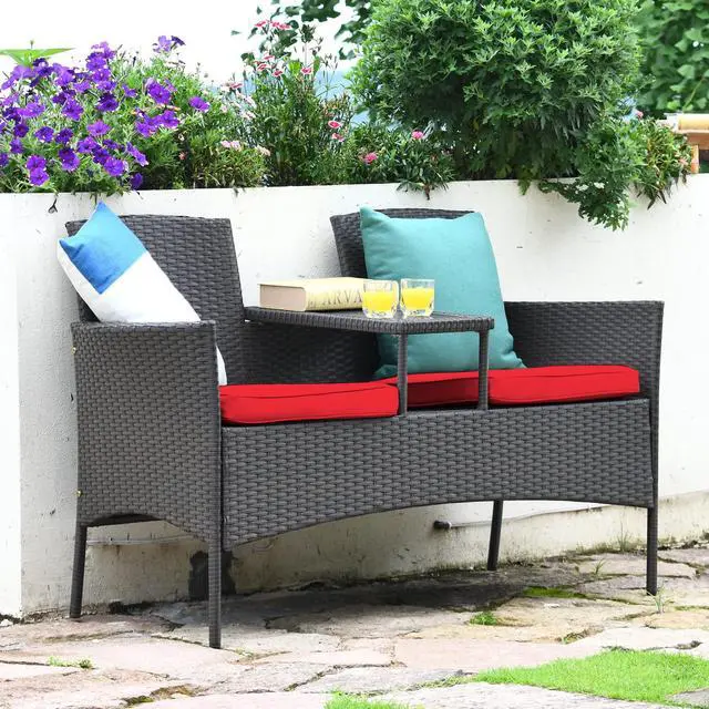 Alt view image 4 of 6 - Outdoor Rattan Loveseat, Patio Conversation Set with Cushions & Table, Modern Patented Wicker Sofa Set with Built-in Coffee Table, Rattan Sofas for Garden Lawn Backyard
