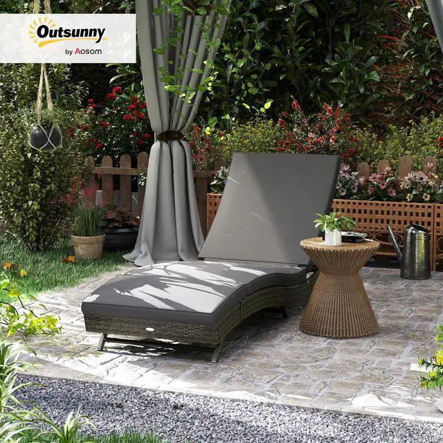 Alt view image 2 of 6 - Wicker Chaise Lounge Chair Outdoor with Wheels & Cushion, PE Rattan Patio Lounge Chair with 5-Level Adjustable Backrest for Poolside, Garden, Gray