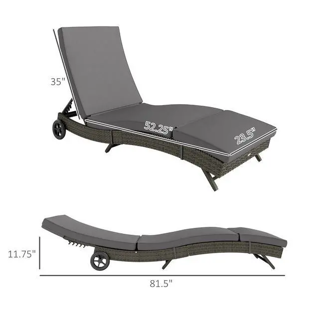 Alt view image 3 of 6 - Wicker Chaise Lounge Chair Outdoor with Wheels & Cushion, PE Rattan Patio Lounge Chair with 5-Level Adjustable Backrest for Poolside, Garden, Gray