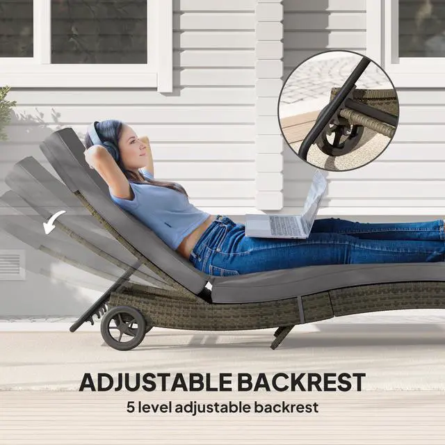 Alt view image 5 of 6 - Wicker Chaise Lounge Chair Outdoor with Wheels & Cushion, PE Rattan Patio Lounge Chair with 5-Level Adjustable Backrest for Poolside, Garden, Gray
