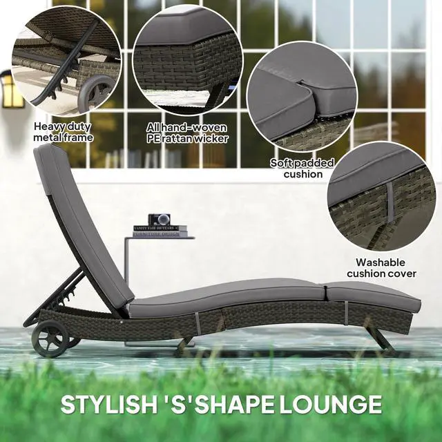 Alt view image 6 of 6 - Wicker Chaise Lounge Chair Outdoor with Wheels & Cushion, PE Rattan Patio Lounge Chair with 5-Level Adjustable Backrest for Poolside, Garden, Gray