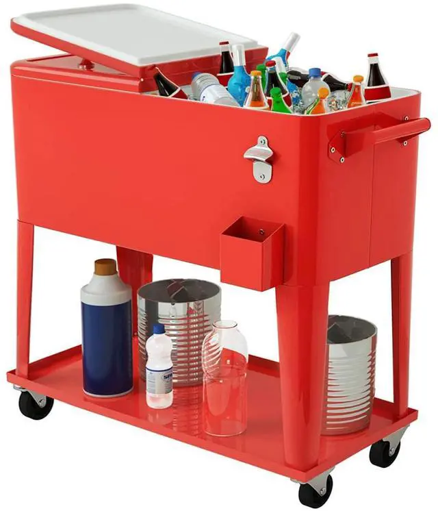 Main image of 80 Quart Rolling Patio Cooler Cart with Bottom Storage Shelf & Drain, Outdoor Ice Chest with Lockable Wheels, Bottle Opener & Cap Catcher, for Party Poolside Backyard BBQ
