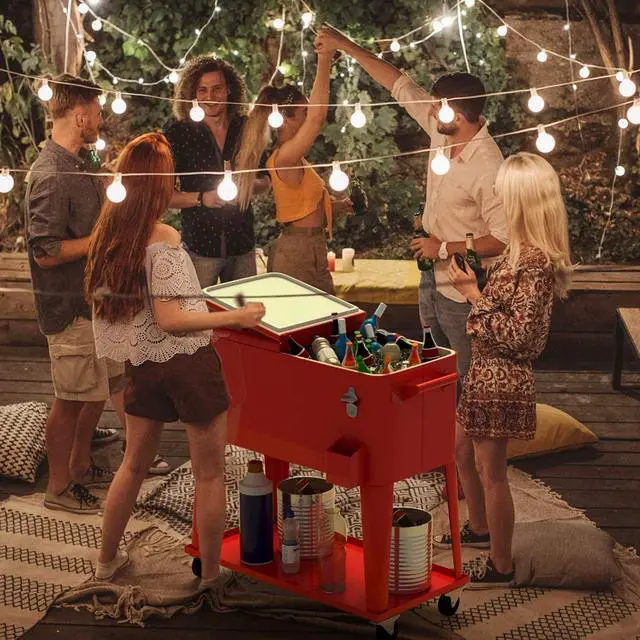 Alt view image 2 of 6 - 80 Quart Rolling Patio Cooler Cart with Bottom Storage Shelf & Drain, Outdoor Ice Chest with Lockable Wheels, Bottle Opener & Cap Catcher, for Party Poolside Backyard BBQ