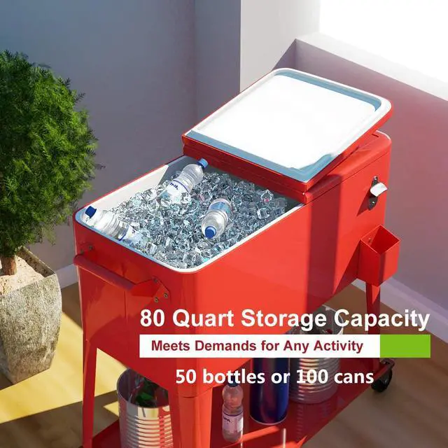 Alt view image 3 of 6 - 80 Quart Rolling Patio Cooler Cart with Bottom Storage Shelf & Drain, Outdoor Ice Chest with Lockable Wheels, Bottle Opener & Cap Catcher, for Party Poolside Backyard BBQ