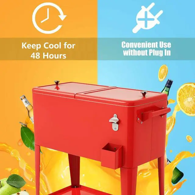 Alt view image 4 of 6 - 80 Quart Rolling Patio Cooler Cart with Bottom Storage Shelf & Drain, Outdoor Ice Chest with Lockable Wheels, Bottle Opener & Cap Catcher, for Party Poolside Backyard BBQ