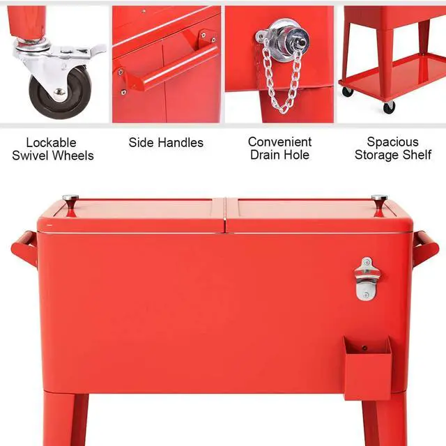 Alt view image 6 of 6 - 80 Quart Rolling Patio Cooler Cart with Bottom Storage Shelf & Drain, Outdoor Ice Chest with Lockable Wheels, Bottle Opener & Cap Catcher, for Party Poolside Backyard BBQ