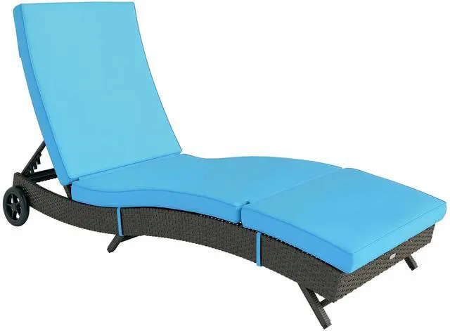 Main image of Wicker Chaise Lounge Chair Outdoor with Wheels & Cushion, PE Rattan Patio Lounge Chair with 5-Level Adjustable Backrest for Poolside, Garden, Sky Blue