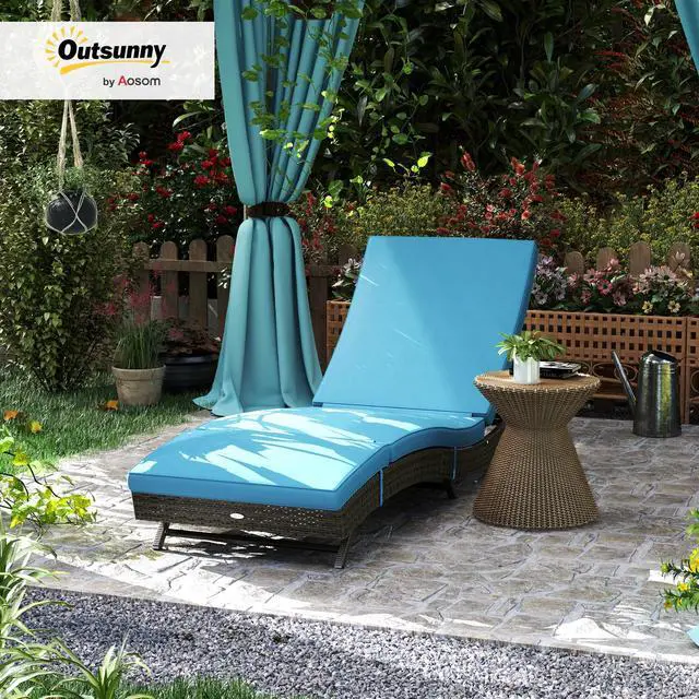 Alt view image 2 of 6 - Wicker Chaise Lounge Chair Outdoor with Wheels & Cushion, PE Rattan Patio Lounge Chair with 5-Level Adjustable Backrest for Poolside, Garden, Sky Blue