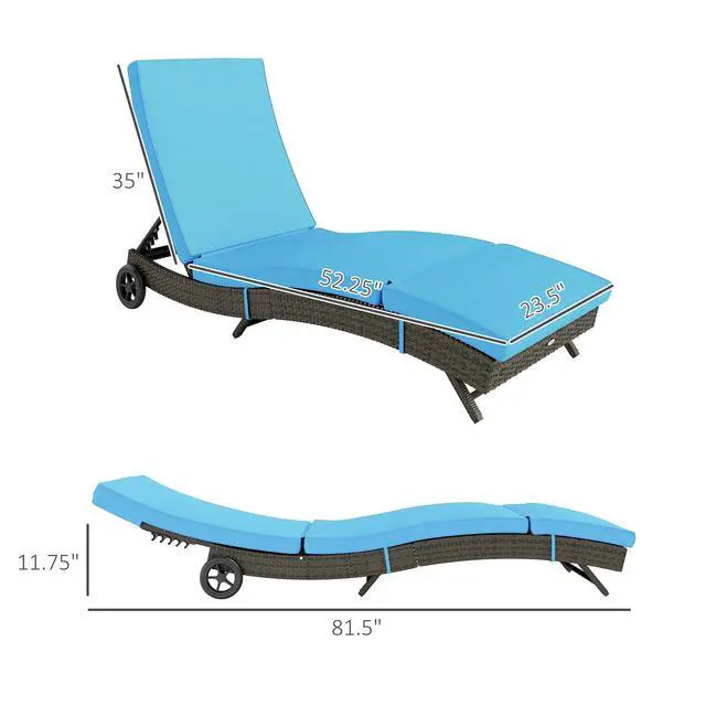 Alt view image 3 of 6 - Wicker Chaise Lounge Chair Outdoor with Wheels & Cushion, PE Rattan Patio Lounge Chair with 5-Level Adjustable Backrest for Poolside, Garden, Sky Blue