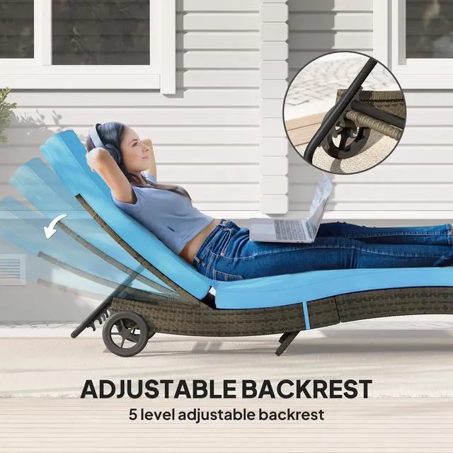 Alt view image 5 of 6 - Wicker Chaise Lounge Chair Outdoor with Wheels & Cushion, PE Rattan Patio Lounge Chair with 5-Level Adjustable Backrest for Poolside, Garden, Sky Blue
