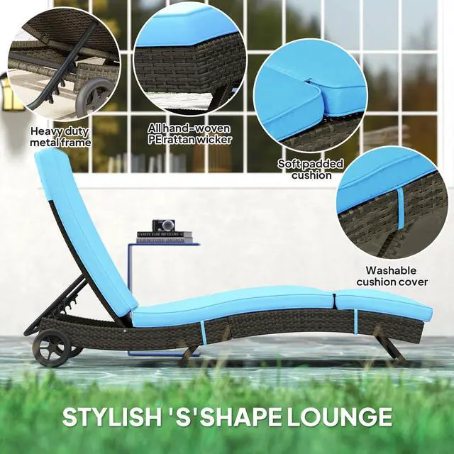 Alt view image 6 of 6 - Wicker Chaise Lounge Chair Outdoor with Wheels & Cushion, PE Rattan Patio Lounge Chair with 5-Level Adjustable Backrest for Poolside, Garden, Sky Blue