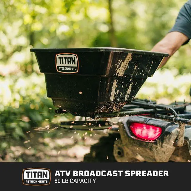 Alt view image 2 of 6 - 12 Volt ATV/UTV Broadcast Spreader, 80 LB Capacity, Back or Front Mounting for ATV, UTV, Or Utility Tractor, Lawn and Garden Seed Spreader with Rain Cover