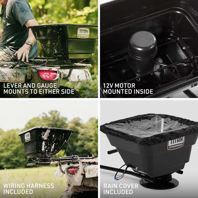 Alt view image 4 of 6 - 12 Volt ATV/UTV Broadcast Spreader, 80 LB Capacity, Back or Front Mounting for ATV, UTV, Or Utility Tractor, Lawn and Garden Seed Spreader with Rain Cover
