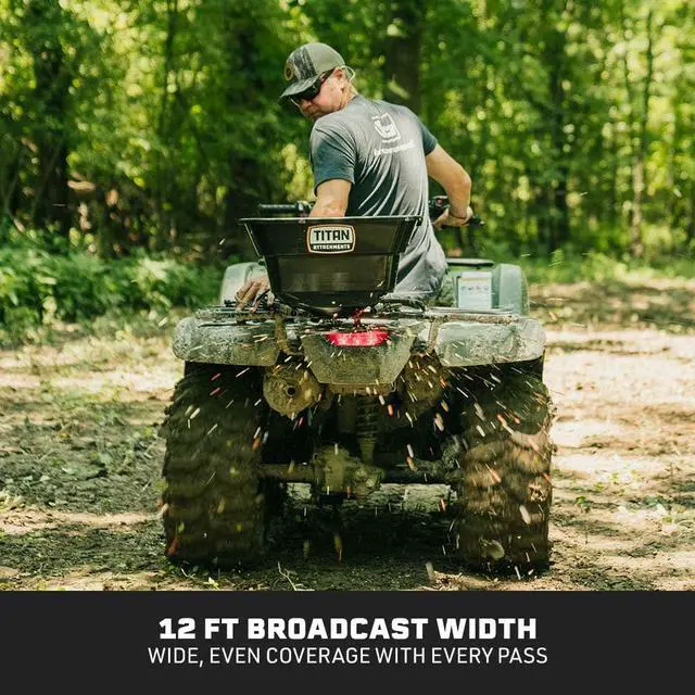 Alt view image 5 of 6 - 12 Volt ATV/UTV Broadcast Spreader, 80 LB Capacity, Back or Front Mounting for ATV, UTV, Or Utility Tractor, Lawn and Garden Seed Spreader with Rain Cover