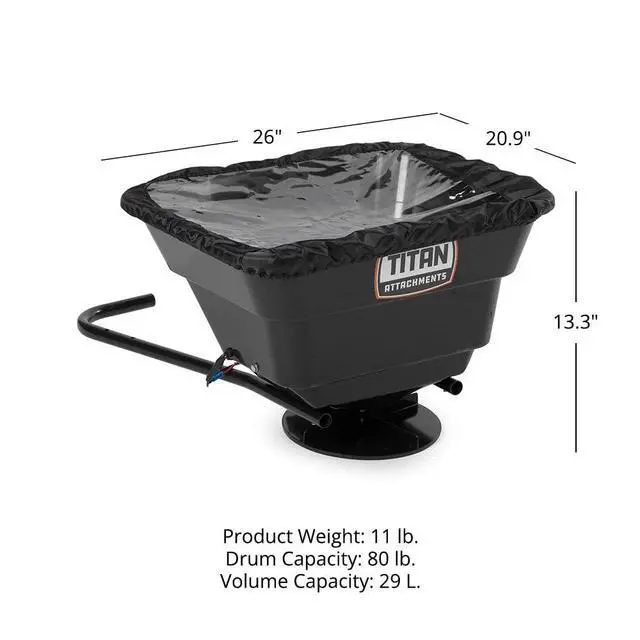 Alt view image 6 of 6 - 12 Volt ATV/UTV Broadcast Spreader, 80 LB Capacity, Back or Front Mounting for ATV, UTV, Or Utility Tractor, Lawn and Garden Seed Spreader with Rain Cover