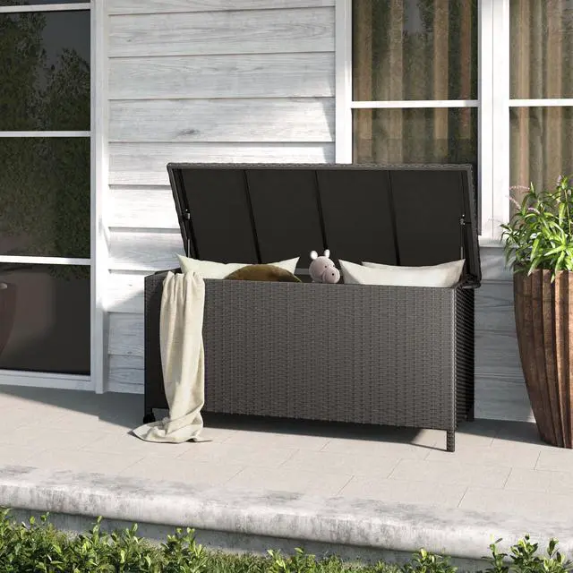 Main image of 108 Gallon Deck Storage Box Indoor Outdoor Wicker Bin for Patio Furniture Cushions Garden Tools Pool Accessories, Black
