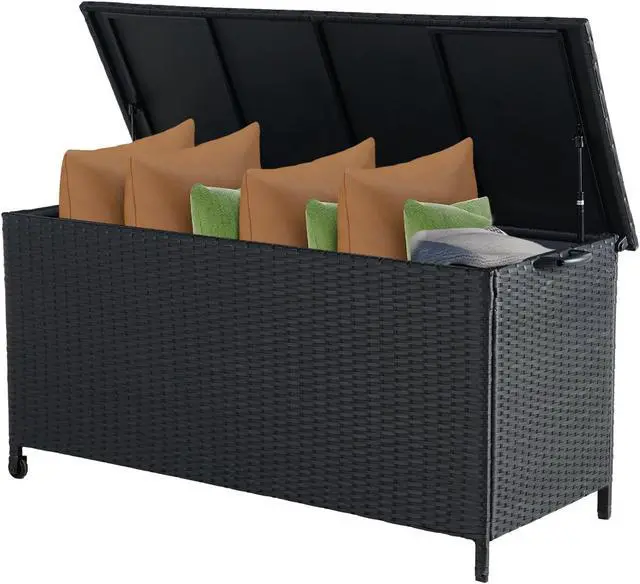 Alt view image 2 of 6 - 108 Gallon Deck Storage Box Indoor Outdoor Wicker Bin for Patio Furniture Cushions Garden Tools Pool Accessories, Black