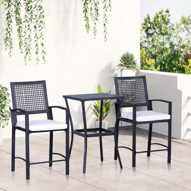 Alt view image 2 of 6 - 3pcs Patio Bar Set with Soft Cushion, Rattan Wicker Outdoor Furniture Set for Backyards, Lawn, Deck, Poolside