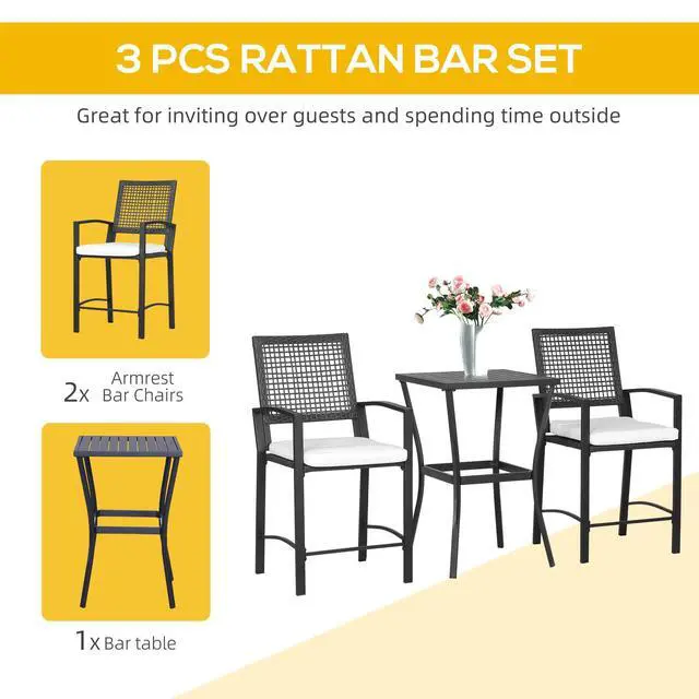 Alt view image 3 of 6 - 3pcs Patio Bar Set with Soft Cushion, Rattan Wicker Outdoor Furniture Set for Backyards, Lawn, Deck, Poolside