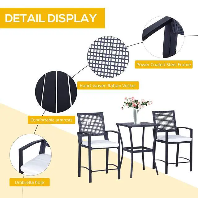 Alt view image 5 of 6 - 3pcs Patio Bar Set with Soft Cushion, Rattan Wicker Outdoor Furniture Set for Backyards, Lawn, Deck, Poolside
