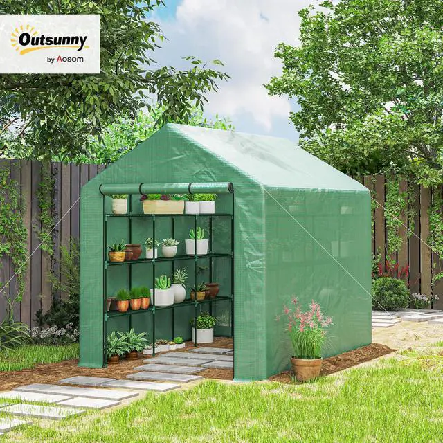 Alt view image 2 of 6 - 8' x 6' x 7' Walk-in Greenhouse, PE Cover, 4-Tier Shelves, Steel Frame Hot House, Roll-Up Zipper Door for Flowers, Vegetables, Saplings, Tropical Plants, Green