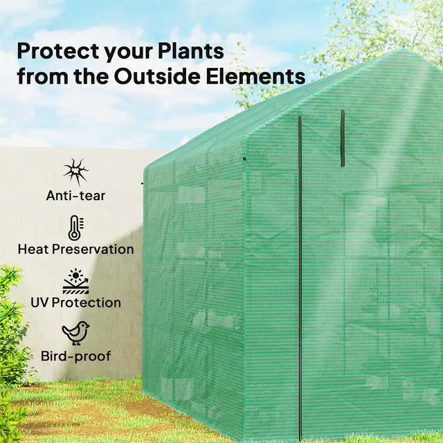 Alt view image 3 of 6 - 8' x 6' x 7' Walk-in Greenhouse, PE Cover, 4-Tier Shelves, Steel Frame Hot House, Roll-Up Zipper Door for Flowers, Vegetables, Saplings, Tropical Plants, Green