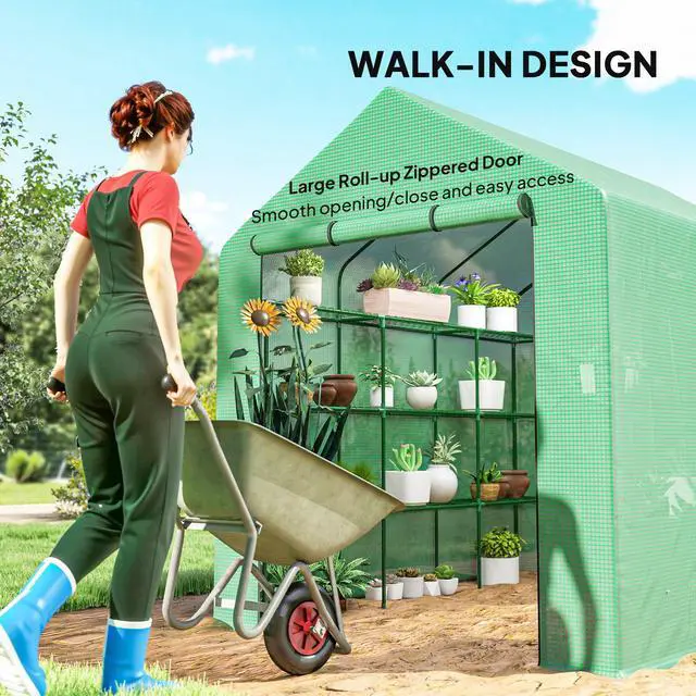 Alt view image 4 of 6 - 8' x 6' x 7' Walk-in Greenhouse, PE Cover, 4-Tier Shelves, Steel Frame Hot House, Roll-Up Zipper Door for Flowers, Vegetables, Saplings, Tropical Plants, Green