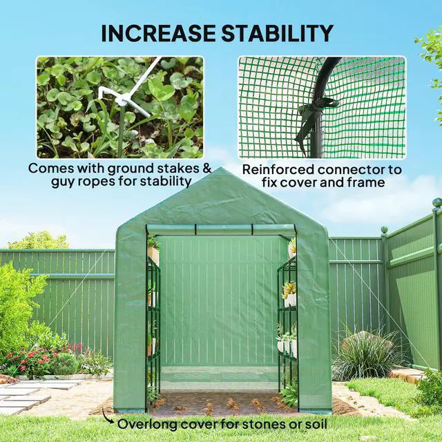Alt view image 6 of 6 - 8' x 6' x 7' Walk-in Greenhouse, PE Cover, 4-Tier Shelves, Steel Frame Hot House, Roll-Up Zipper Door for Flowers, Vegetables, Saplings, Tropical Plants, Green