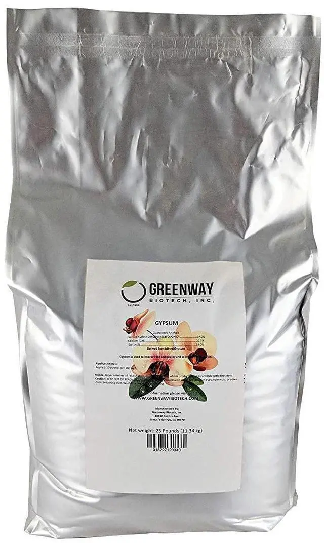 Main image of Greenway Biotech Organic Gypsum Powder - Solution Grade Calcium Sulfate Soil Amendment for Clay Soil, Lawn, Garden - 97% Pure (22.5% Ca, 18% S) - Improves Drainage - Made in USA - (25 X 2) Pounds