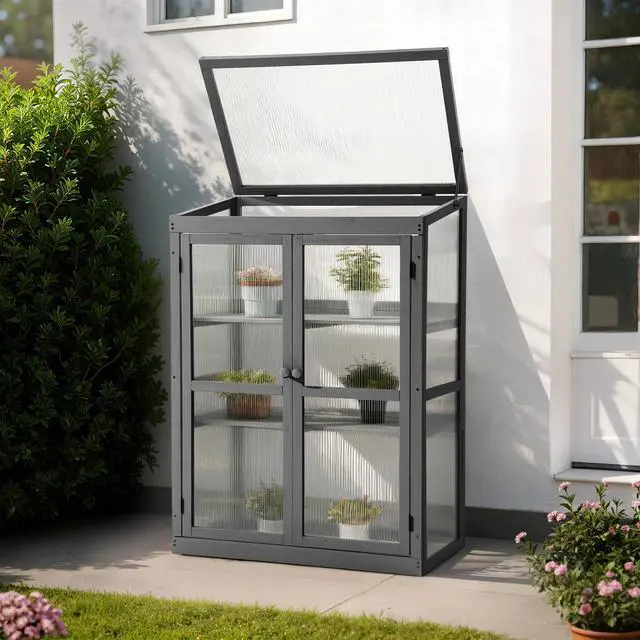 Alt view image 2 of 6 - Wooden Cold Frame Greenhouse, Raised Flower Planter Shelf Protection for Outdoor Indoor Use, 0760 (Dark Grey)