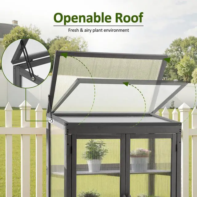 Alt view image 5 of 6 - Wooden Cold Frame Greenhouse, Raised Flower Planter Shelf Protection for Outdoor Indoor Use, 0760 (Dark Grey)