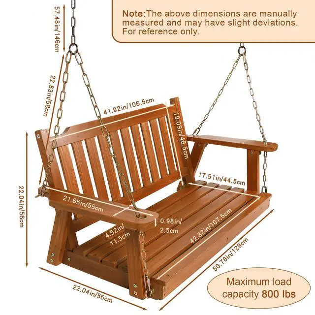 Alt view image 3 of 6 - Wooden Porch Swing 2-Seater Bench Swing with Hanging Chains Heavy Duty 800 LBS for Outdoor Patio Garden Yard, Large 4 Ft, Brown