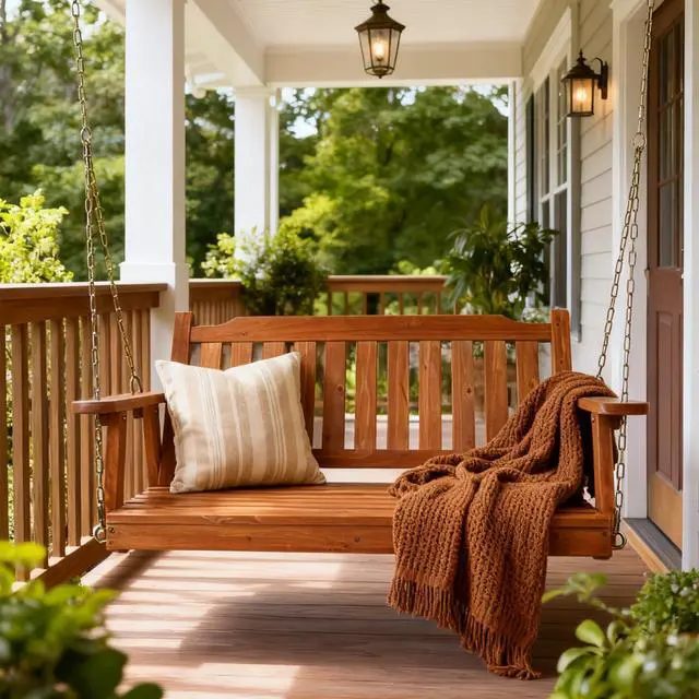 Alt view image 4 of 6 - Wooden Porch Swing 2-Seater Bench Swing with Hanging Chains Heavy Duty 800 LBS for Outdoor Patio Garden Yard, Large 4 Ft, Brown