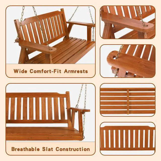 Alt view image 5 of 6 - Wooden Porch Swing 2-Seater Bench Swing with Hanging Chains Heavy Duty 800 LBS for Outdoor Patio Garden Yard, Large 4 Ft, Brown