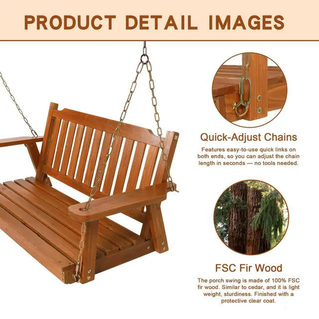 Alt view image 6 of 6 - Wooden Porch Swing 2-Seater Bench Swing with Hanging Chains Heavy Duty 800 LBS for Outdoor Patio Garden Yard, Large 4 Ft, Brown